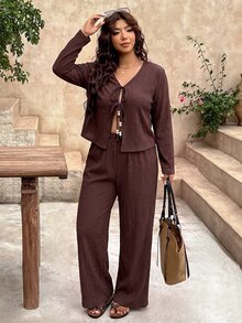 SHEIN Frenchy Plus Size Vacation Casual Dressy Tie-Front Shirt And Pants 2 Pieces Set Autumn Formal Going Out Brown - Brown - View 3