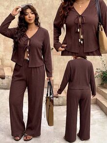 SHEIN Frenchy Plus Size Vacation Casual Dressy Tie-Front Shirt And Pants 2 Pieces Set Autumn Formal Going Out Brown - Brown - View 7