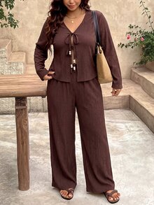 SHEIN Frenchy Plus Size Vacation Casual Dressy Tie-Front Shirt And Pants 2 Pieces Set Autumn Formal Going Out Brown - Brown - View 5