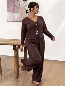 SHEIN Frenchy Plus Size Vacation Casual Dressy Tie-Front Shirt And Pants 2 Pieces Set Autumn Formal Going Out Brown - Brown - View 9