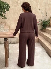 SHEIN Frenchy Plus Size Vacation Casual Dressy Tie-Front Shirt And Pants 2 Pieces Set Autumn Formal Going Out Brown - Brown - View 6