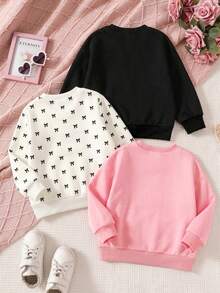 SHEIN 3件組女童幼兒蝴蝶結圖案印花圓領運動衫，秋季出遊套裝 - 彩色 - 查看 2