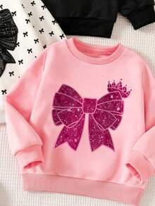 SHEIN 3件組女童幼兒蝴蝶結圖案印花圓領運動衫，秋季出遊套裝 - 彩色 - 查看 4