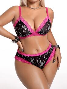 AltBold Plus Size Fashion Pioneer Halloween Skull Milk Silk Print Color Block Top + Panties 2pcs Set - Multicolor - View 3