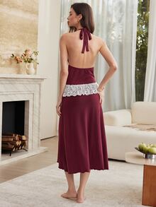 Moireta Women's Lace Patchwork Deep V-Neck Sexy Casual Home Sleepwear Dress - Redwood - View 4