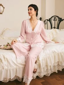 Côtesoire French Elegant Romantic Hollow Embroidery Lace Patchwork Pearl Button Jacquard Woven Women's Pajama Set - Pink - View 5