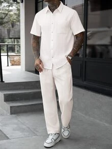 Manfinity CasualCool 2026 Spring Summer Beige Striped Linen Matching Set For Men Breathable Slub Linen Short Sleeve Shirt - White - View 3