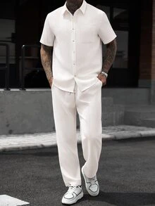 Manfinity CasualCool 2026 Spring Summer Beige Striped Linen Matching Set For Men Breathable Slub Linen Short Sleeve Shirt - White - View 6