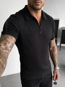 Manfinity CasualCool 男士純色短袖拉鍊門襟休閒 Polo 衫 - 黑色 - 查看 4