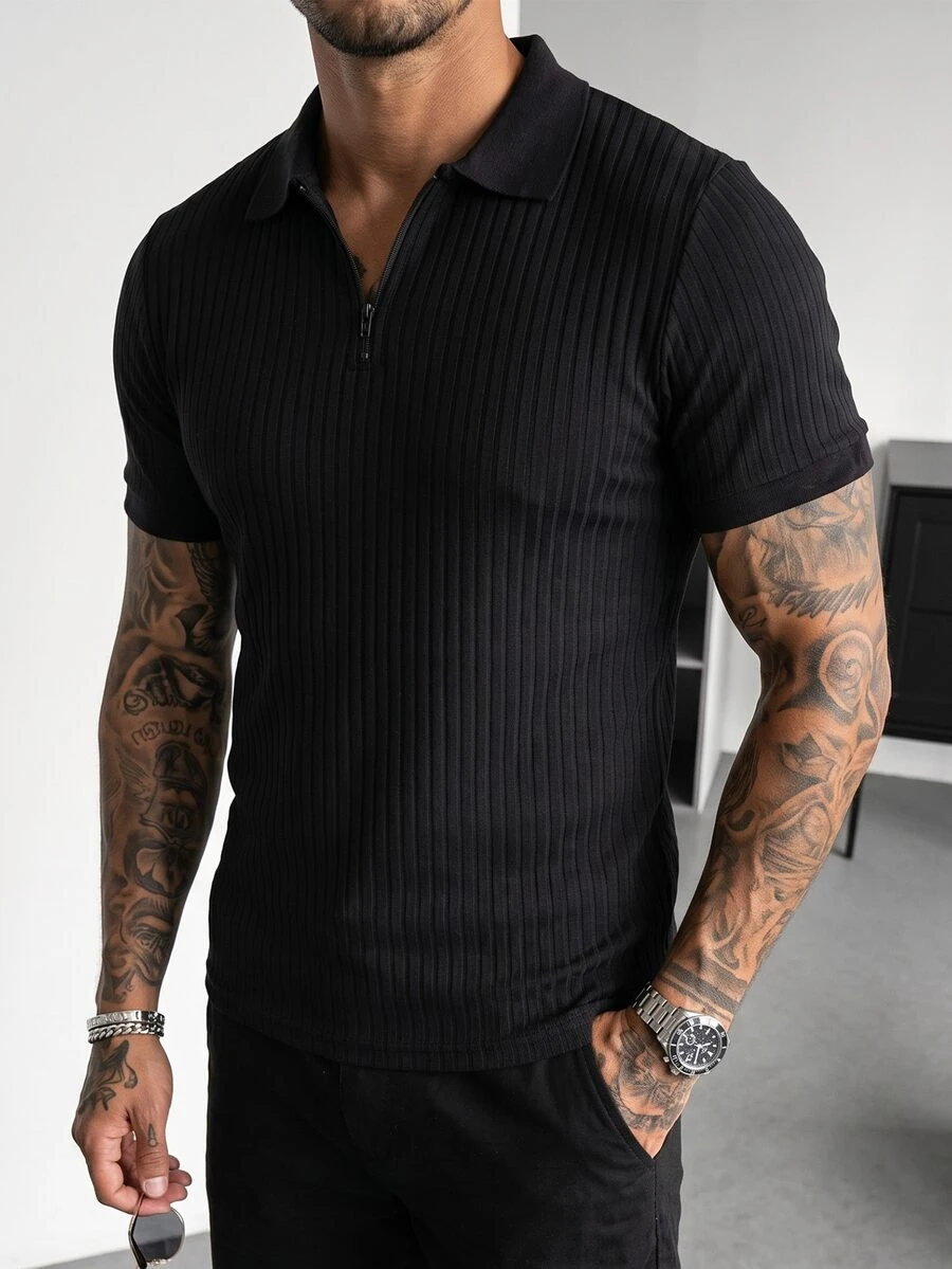 Manfinity CasualCool 男士純色短袖拉鍊門襟休閒 Polo 衫 - 黑色 - 查看 1