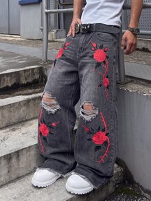 GALLERY FADE Men's Gothic Red Rose Embroidery Distressed Wide Leg Jeans, Y2K Punk Vintage Denim Pants - Light Grey - View 3