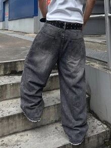 GALLERY FADE Men's Gothic Red Rose Embroidery Distressed Wide Leg Jeans, Y2K Punk Vintage Denim Pants - Light Grey - View 2