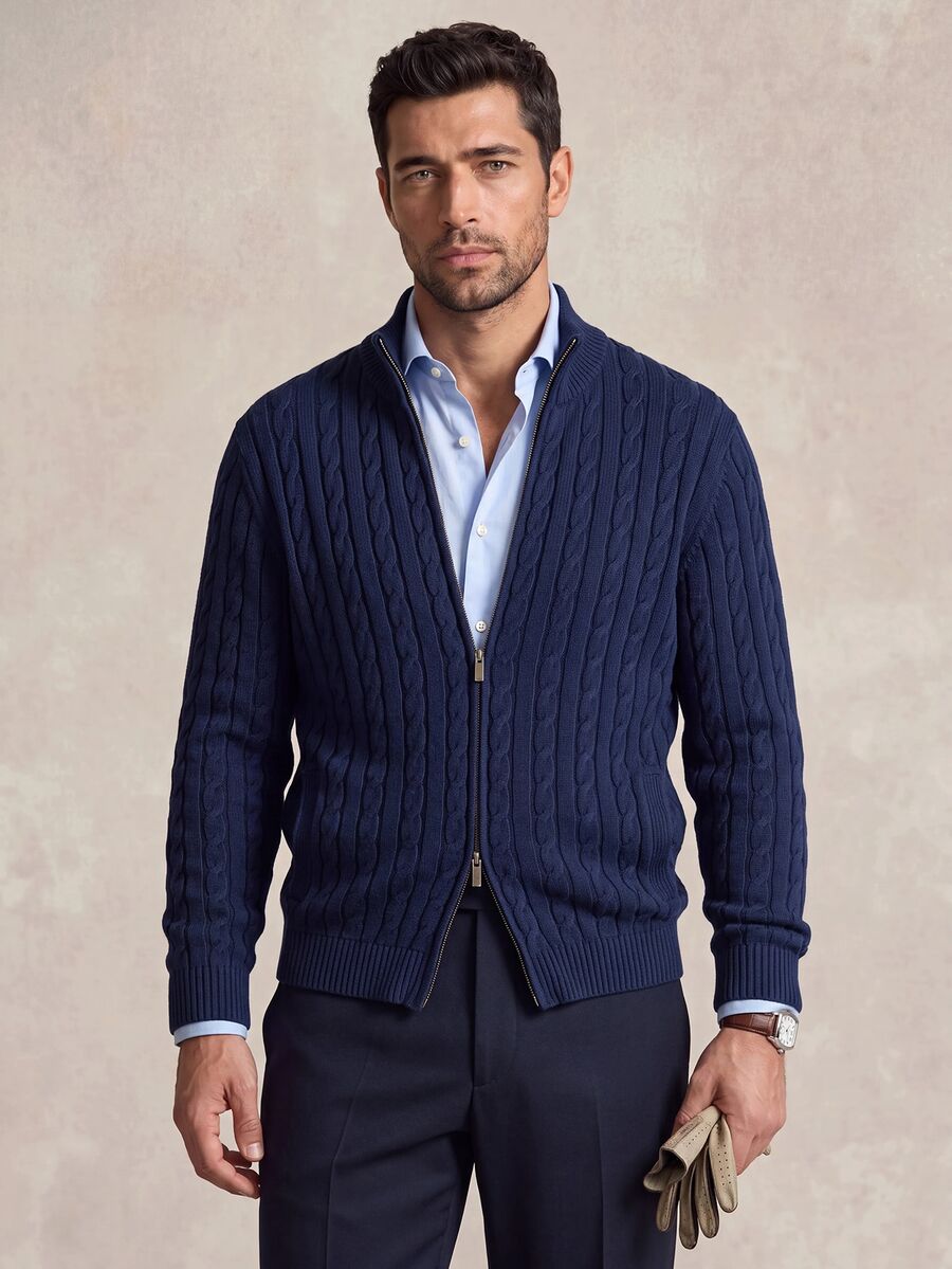 Lornavo Men's Autumn/Winter Casual Versatile Solid Color Cardigan Business Office Navy Blue - Royal Blue - View 1