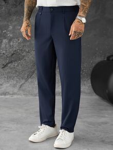 SLATEMANN Men's Solid Color Straight Leg Business Mature Suit Pants - Navy Blue - View 4