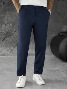 SLATEMANN Men's Solid Color Straight Leg Business Mature Suit Pants - Navy Blue - View 1