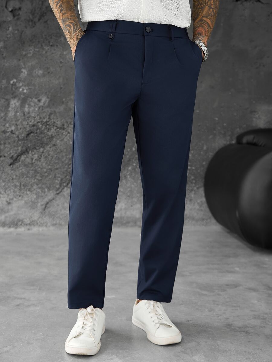 SLATEMANN Men's Solid Color Straight Leg Business Mature Suit Pants - Navy Blue - View 1