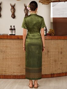 Zaforene 女款2件套編織飾邊側腰結短袖上衣與裙子套裝，適合婚禮、週年紀念、生日派對，新娘與新娘母親穿著，橄欖綠與深綠色 - 橄欖綠 - 查看 6