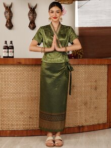 Zaforene 女款2件套編織飾邊側腰結短袖上衣與裙子套裝，適合婚禮、週年紀念、生日派對，新娘與新娘母親穿著，橄欖綠與深綠色 - 橄欖綠 - 查看 7