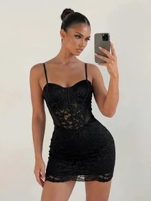 Sirith Gaun Wanita Seksi dengan Hiasan Renda untuk Kencan Malam, Pesta, Klub, dan Acara Musim Panas, Cocok untuk Musim Panas. - Hitam - View 3
