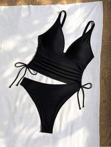 Swim SXY 女款兩件式夏季海灘套裝，多色豹紋布料，深V領，雙肩帶，抓皺休閒比基尼泳衣套裝 - 黑色 - 查看 5