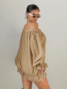 Sirith Tropical Boho French Style Ruffle Trim Off-Shoulder Tie Bow Sheer Fall Vacation Date Beach Party Women's Cover Up Shirt Khaki - Khaki - View 2