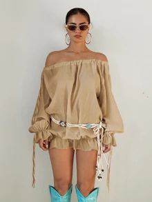 Sirith Tropical Boho French Style Ruffle Trim Off-Shoulder Tie Bow Sheer Fall Vacation Date Beach Party Women's Cover Up Shirt Khaki - Khaki - View 6