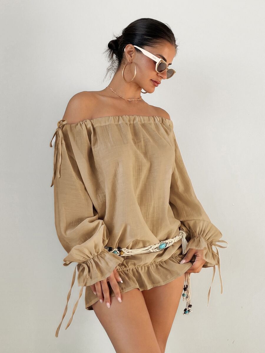 Sirith Tropical Boho French Style Ruffle Trim Off-Shoulder Tie Bow Sheer Fall Vacation Date Beach Party Women's Cover Up Shirt Khaki - Khaki - View 1