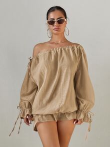 Sirith Tropical Boho French Style Ruffle Trim Off-Shoulder Tie Bow Sheer Fall Vacation Date Beach Party Women's Cover Up Shirt Khaki - Khaki - View 8