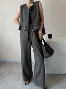 FRIFUL 女款純色層次荷葉邊下擺通勤背心與直筒長褲套裝 西式女裝 - 灰色 - 查看 6