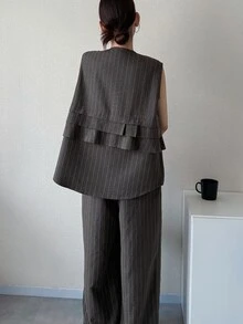 FRIFUL 女款純色層次荷葉邊下擺通勤背心與直筒長褲套裝 西式女裝 - 灰色 - 查看 2