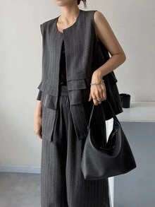 FRIFUL 女款純色層次荷葉邊下擺通勤背心與直筒長褲套裝 西式女裝 - 灰色 - 查看 5