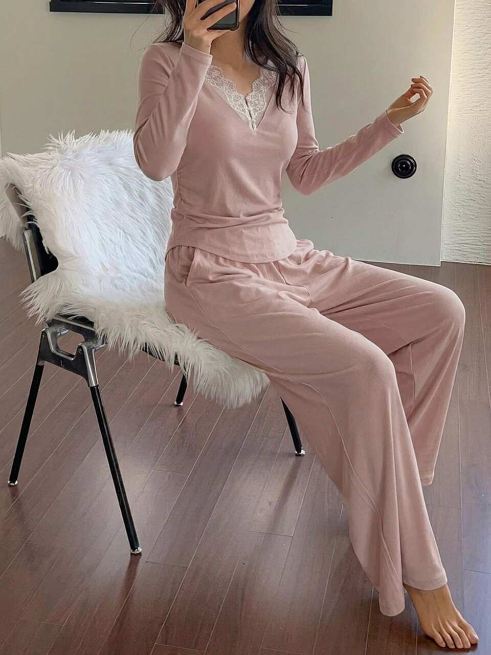2pcs Lace Patchwork Knit Long Sleeve T-Shirt And Loose Straight Long Pants Pajama Set For Women, Summer