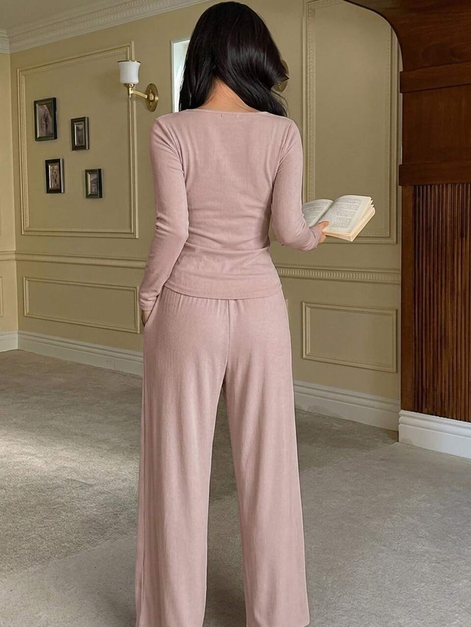 2pcs Lace Patchwork Knit Long Sleeve T-Shirt And Loose Straight Long Pants Pajama Set For Women, Summer