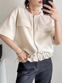 FRIFUL Kemeja Wanita Gaya Korea Baru untuk Awal Musim Panas/Musim Gugur, Warna Polos, dengan Resleting Logam dan Manset di Bagian Bawah. - Grey - View 7
