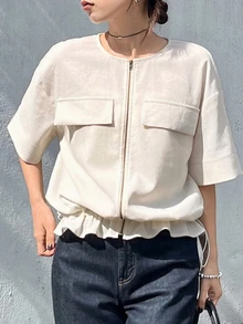 FRIFUL Kemeja Wanita Gaya Korea Baru untuk Awal Musim Panas/Musim Gugur, Warna Polos, dengan Resleting Logam dan Manset di Bagian Bawah. - Grey - View 4