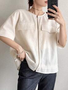 FRIFUL Kemeja Wanita Gaya Korea Baru untuk Awal Musim Panas/Musim Gugur, Warna Polos, dengan Resleting Logam dan Manset di Bagian Bawah. - Grey - View 6