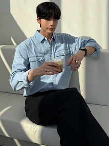 DAZY 男士單排扣休閒百搭日常穿著襯衫 秋季 - 藍色 - 查看 6