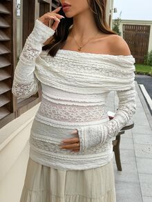 DAZY Elastic Slim Fit Off-Shoulder Collar Design Lace Blouse Long Sleeve Maternity Top For Spring Summer Autumn - Apricot - View 4