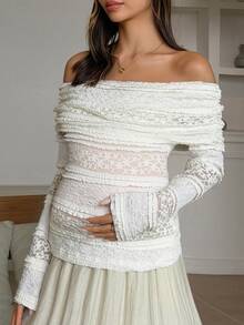 DAZY Elastic Slim Fit Off-Shoulder Collar Design Lace Blouse Long Sleeve Maternity Top For Spring Summer Autumn - Apricot - View 3