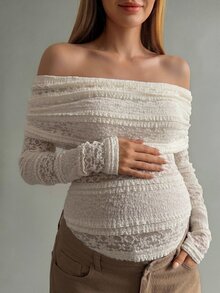 DAZY Elastic Slim Fit Off-Shoulder Collar Design Lace Blouse Long Sleeve Maternity Top For Spring Summer Autumn - Apricot - View 1