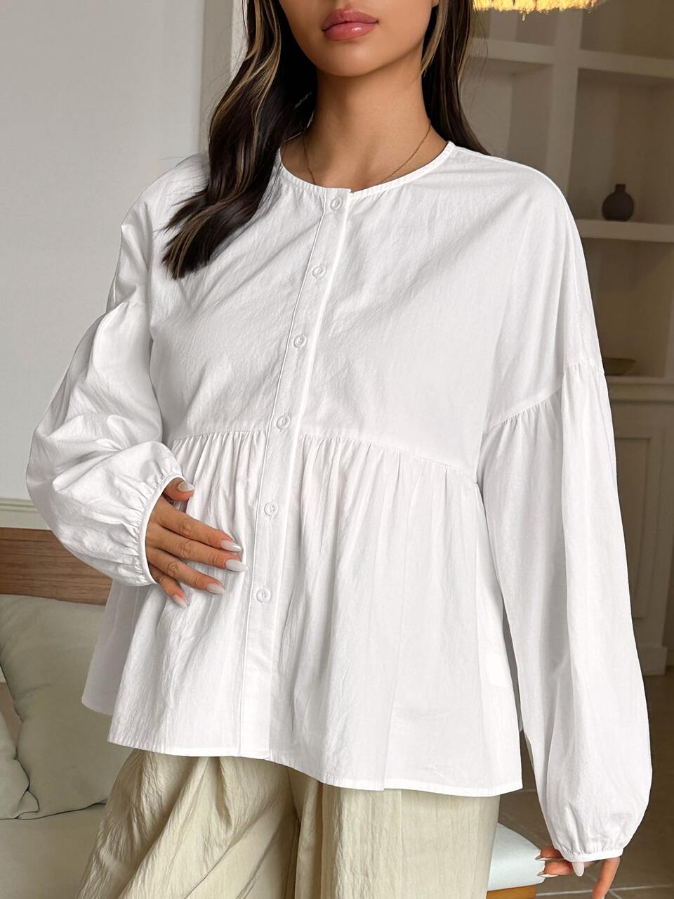 White Maternity Blouse With Small Round Neck, Loose Fit, Spliced Waist, Cute Lantern Long Sleeves, Spring/Autumn