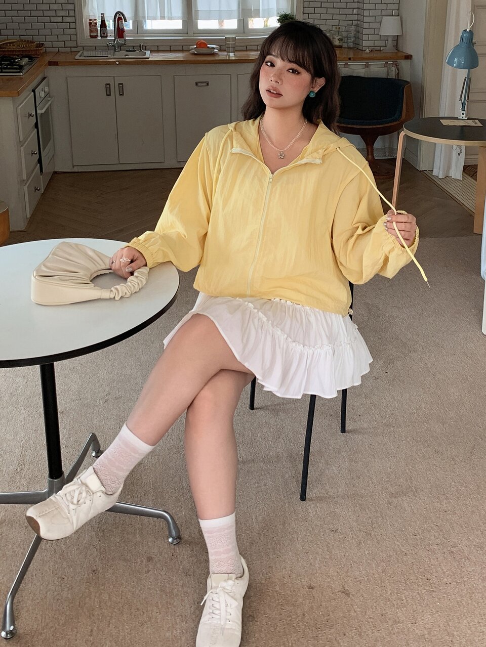Dazy Plus Casual Traditional Hooded Lightweight Short Long Sleeve Yellow Versatile Spring Summer Autumn Shirt Cute Tops Going Out Formal