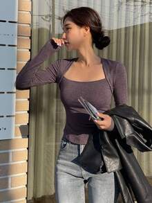 DAZY Women's Solid Color Swan Neck Long Sleeve Slim Fit Casual T-Shirt - Brown - View 5