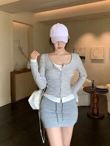 DAZY Kaos Wanita 2 In 1 Garis-garis Lengan Panjang Gaya Korea untuk Musim Gugur - Putih - View 3