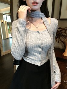DAZY 女款素色休閒百搭長袖T恤，適合日常穿著 - 灰色 - 查看 9