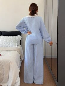 DAZY 女款荷葉邊飾蝴蝶結格紋上衣與長褲睡衣套裝 - 藍色 - 查看 2