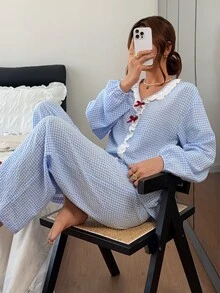 DAZY 女款荷葉邊飾蝴蝶結格紋上衣與長褲睡衣套裝 - 藍色 - 查看 4