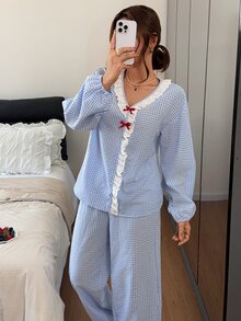 DAZY 女款荷葉邊飾蝴蝶結格紋上衣與長褲睡衣套裝 - 藍色 - 查看 7