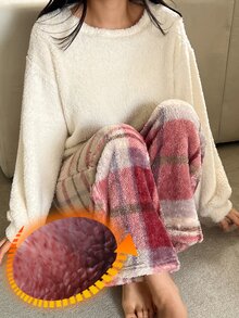 DAZY Conjunto de pijama de mujer para invierno con top de felpa grueso de unicolor y pantalones de pijama a cuadros para dormir en otoño - Blanco - Ver 4