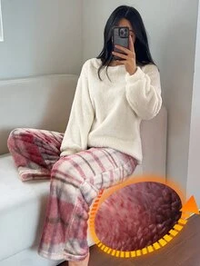 DAZY Conjunto de pijama de mujer para invierno con top de felpa grueso de unicolor y pantalones de pijama a cuadros para dormir en otoño - Blanco - Ver 6